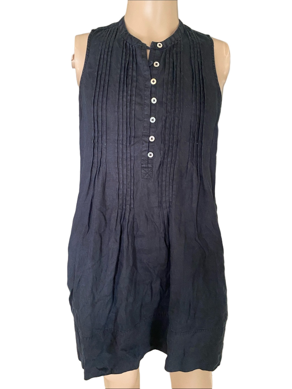 Quince Sleeveless Black Pintuck Button-Front Linen Dress
